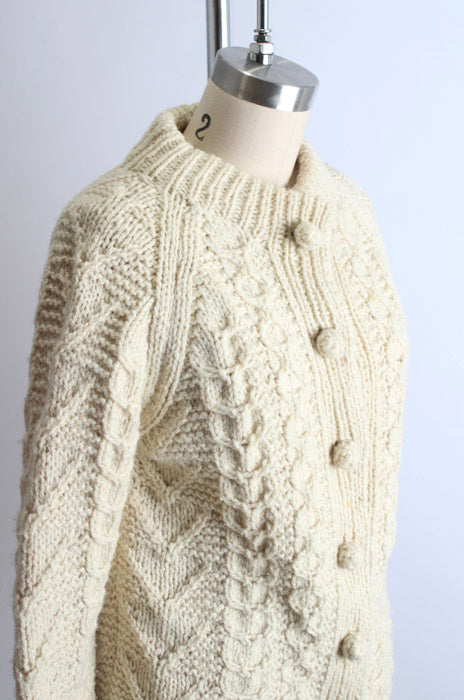 1970s Cream Wool Cable Knit Bobble Button Cardigan