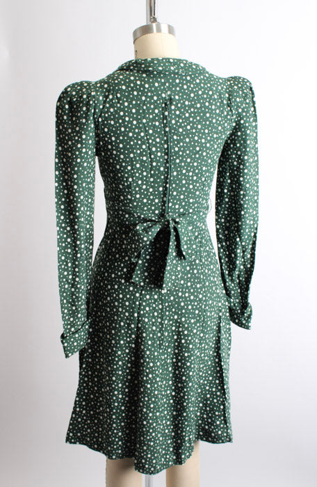1970s Does 1940s Hunter Green White Dots Cotton Jersey Dress