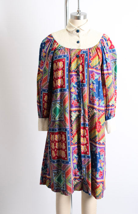 1970s Patchwork Print A-Line Cotton Dress
