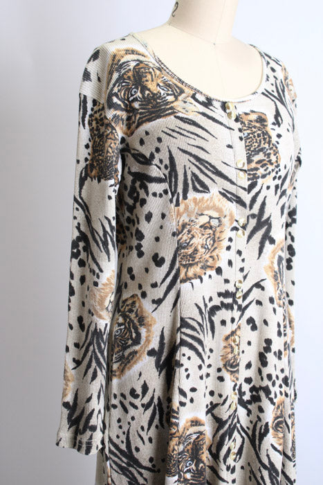 1990s Beige Lions Tigers Ribbed Cotton Scoopneck Maxi
