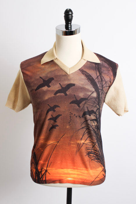 1970s Brown Birds Print Polyester Polo Shirt