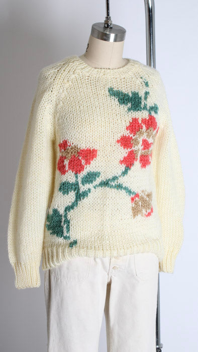 1980s Chunky Cream Acrylic Knit Floral Sweater