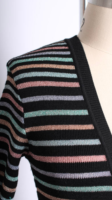 1970s Black Multicolor Tinsel Stripe Babydoll Cardigan