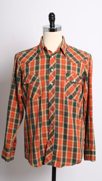 1970s Orange Green Plaid Western Snap Shirt