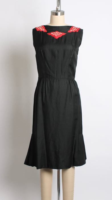 1970s Black Satin Appliqué Cocktail Dress