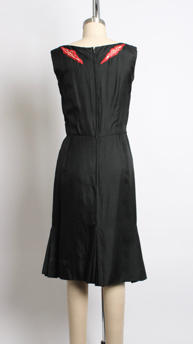 1970s Black Satin Appliqué Cocktail Dress