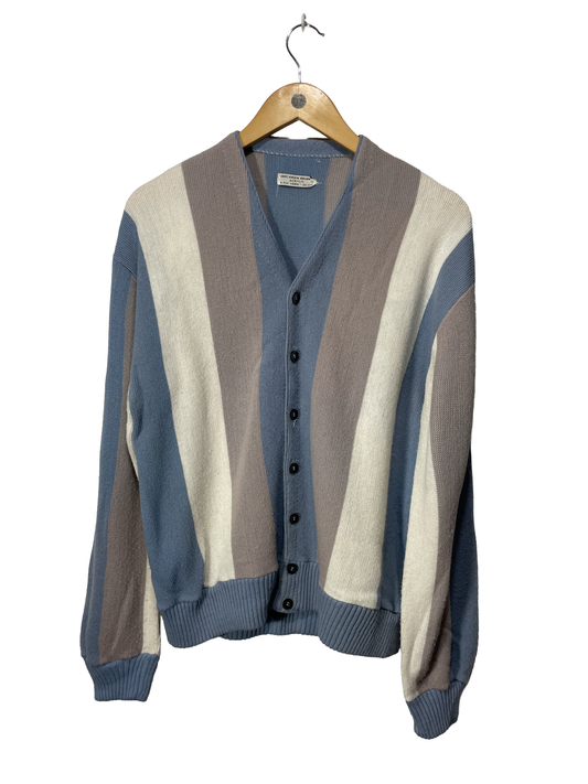 1960s Blue Grey White Striped Orlon Acrylic Men’s Cardigan / Size L