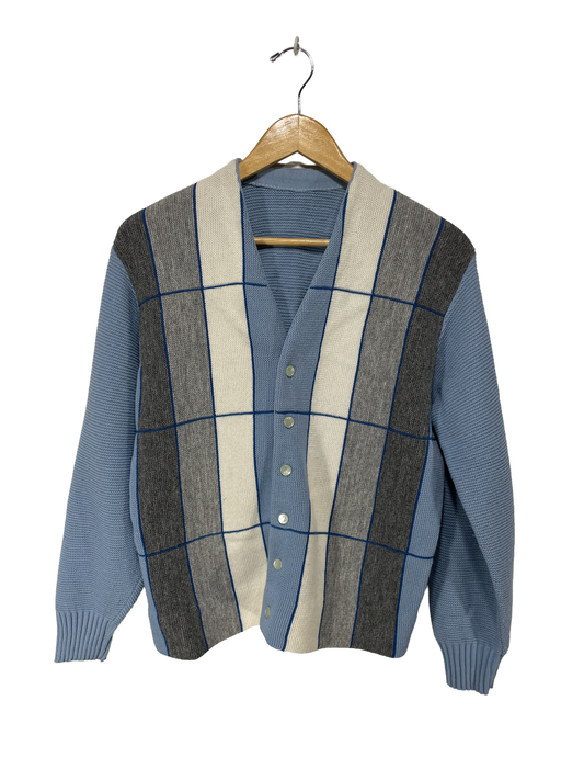 1960s Powder Blue White Grey Grid Pattern Wool-Blend Men’s Cardigan / M-L