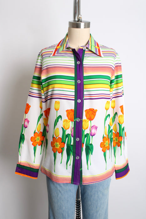 1970s Bold Tulip Print Silky Poly Blouse