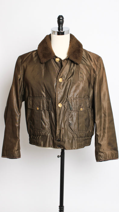 1970s Brown Satin Sherpa-Lined Winter Trooper Uniform Jacket