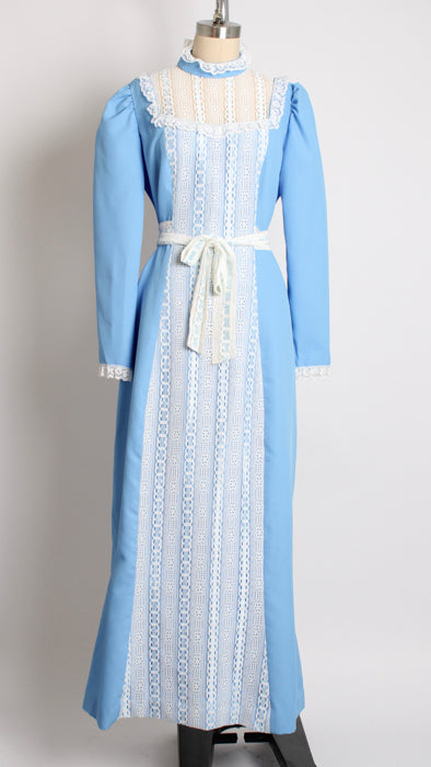 1970s Powder Blue White Lace Inset Ruffle Trim Maxi Dress