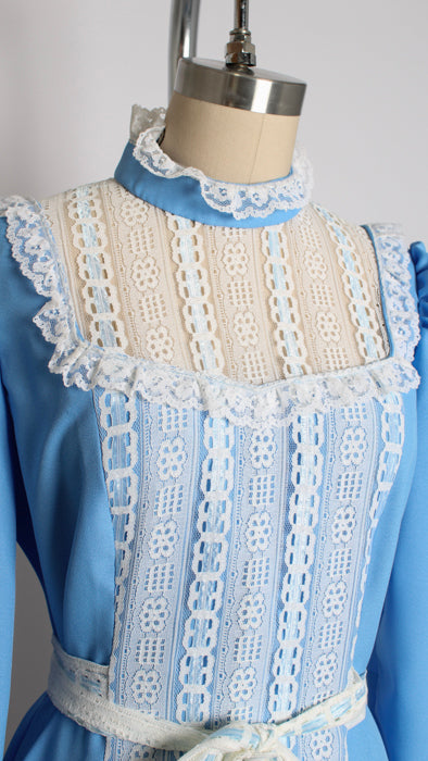 1970s Powder Blue White Lace Inset Ruffle Trim Maxi Dress
