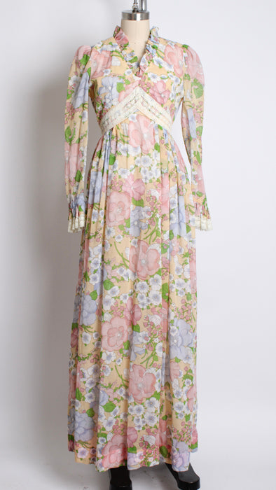 1970s Bohemian Floral Lace Cotton Maxi Dress