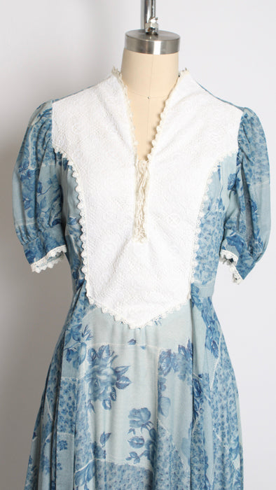 1970s Blue Floral Print Cotton Maxi Dress