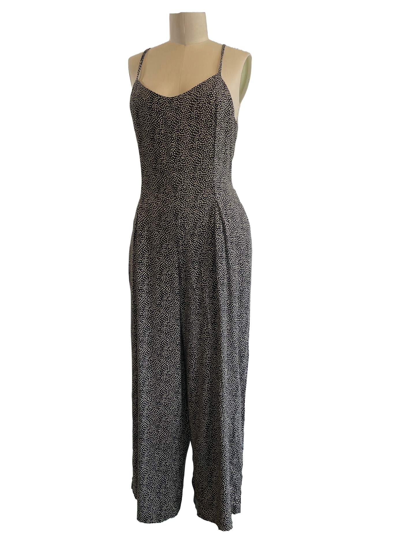 1980s Black Tan Dotted Rayon Jumpsuit