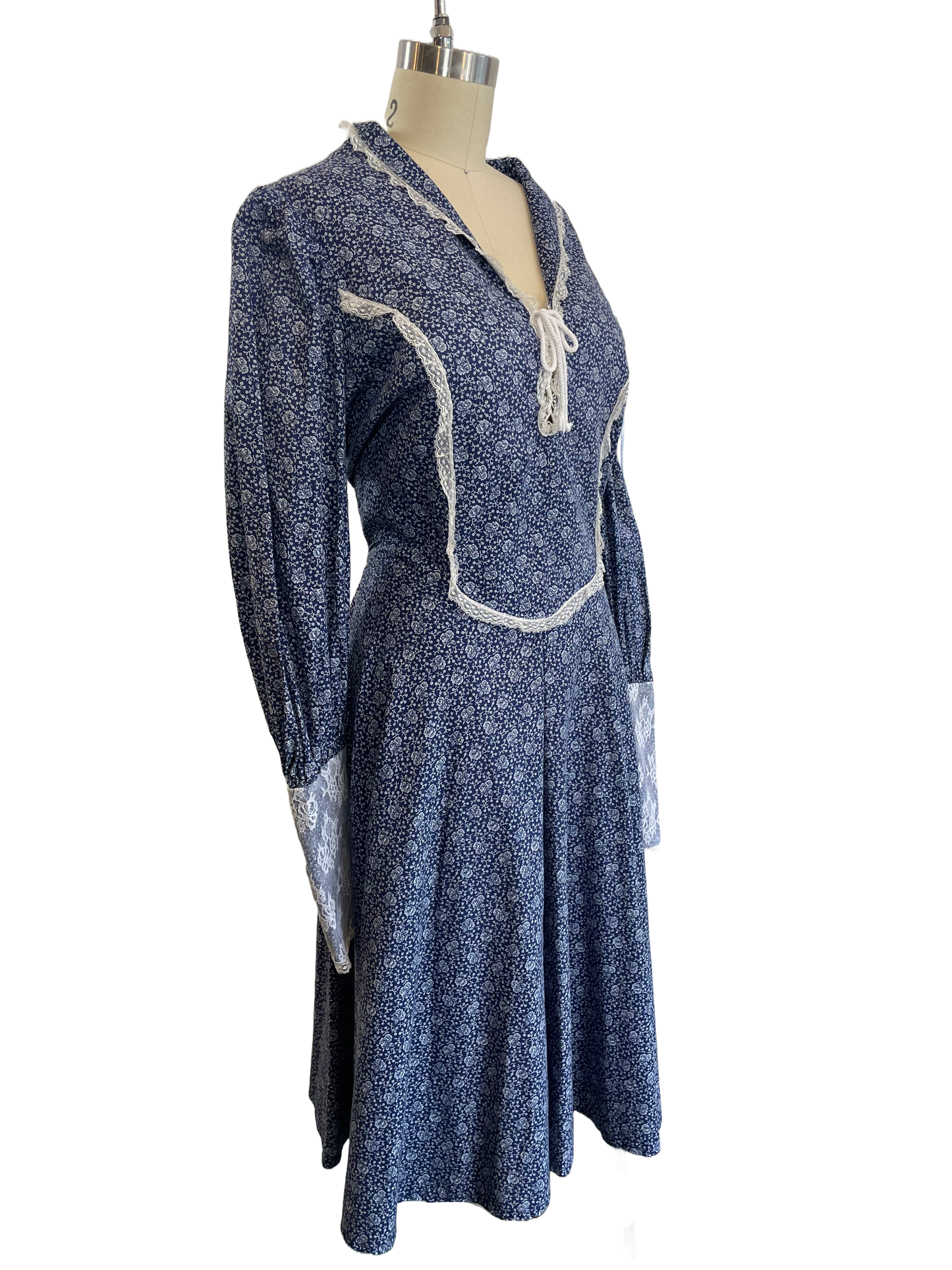 1970s Blue Ditsy Floral Gunne Sax Style Maxi Dress