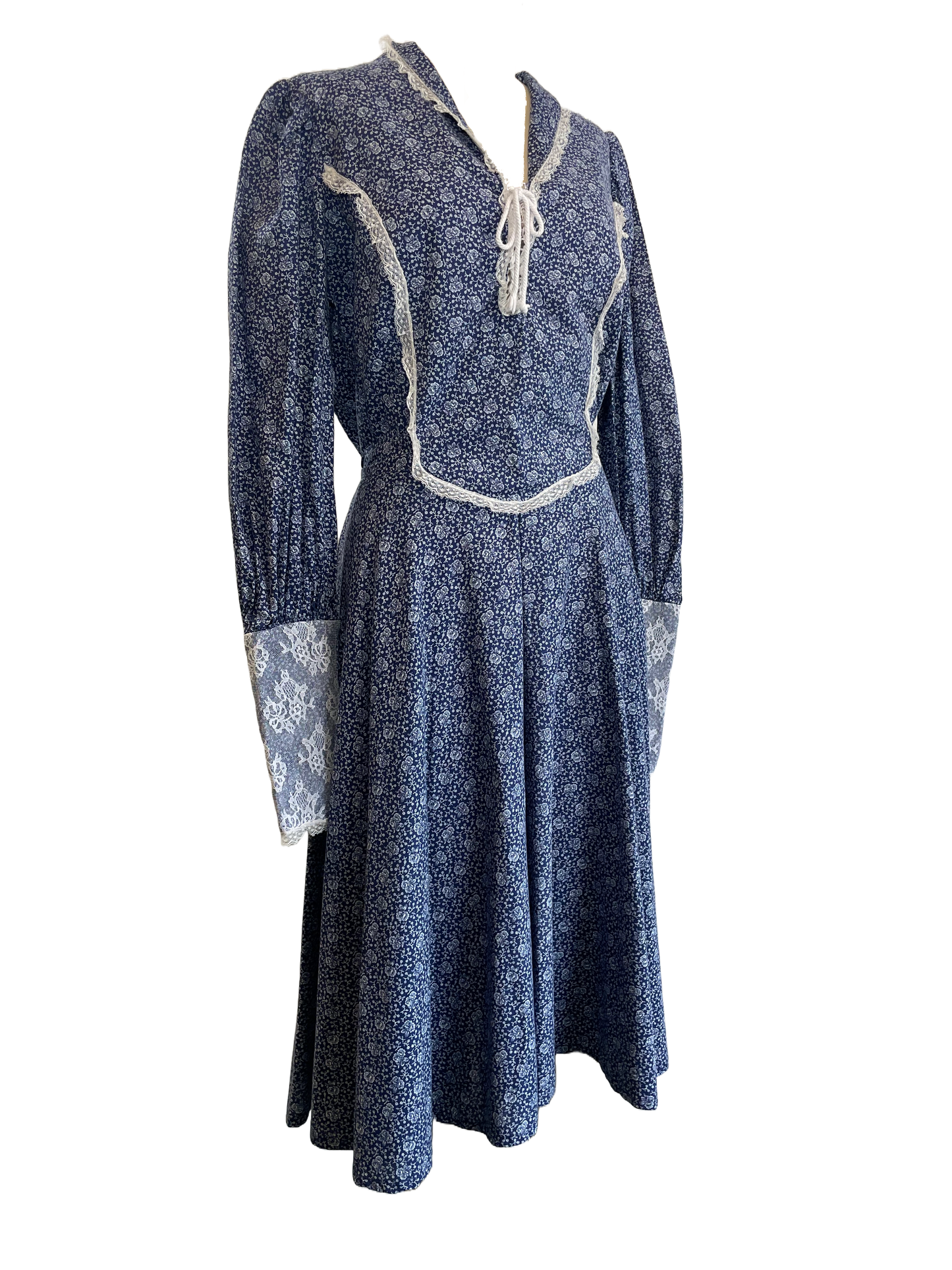 1970s Blue Ditsy Floral Gunne Sax Style Maxi Dress