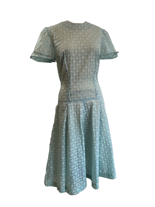1950s Pale Mint White Floral Handmade Drop Waist Puff Sleeve Dress