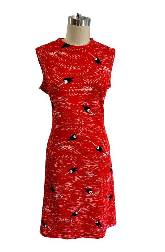 1970s Red-Orange Lit Match Print Poly Shift Dress
