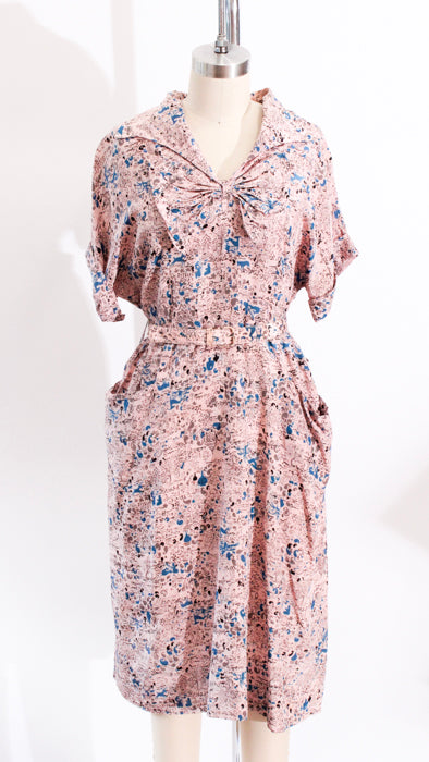 1950s Pink Rayon Arabian Nights Print Day Dress