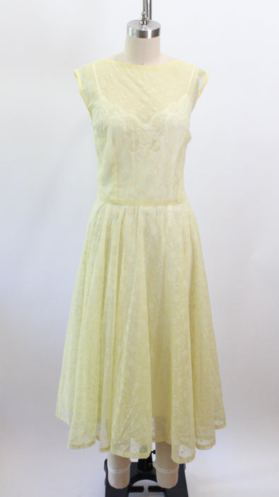 1950s Pastel Yellow Flocked Organza Sheer Party Dress