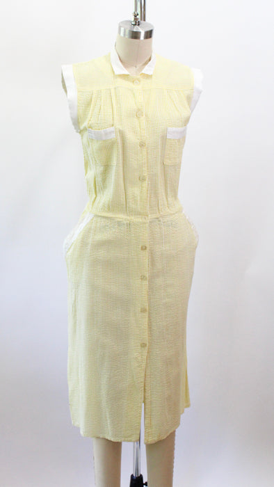 1950s Yellow White Cotton Seersucker Day Dress