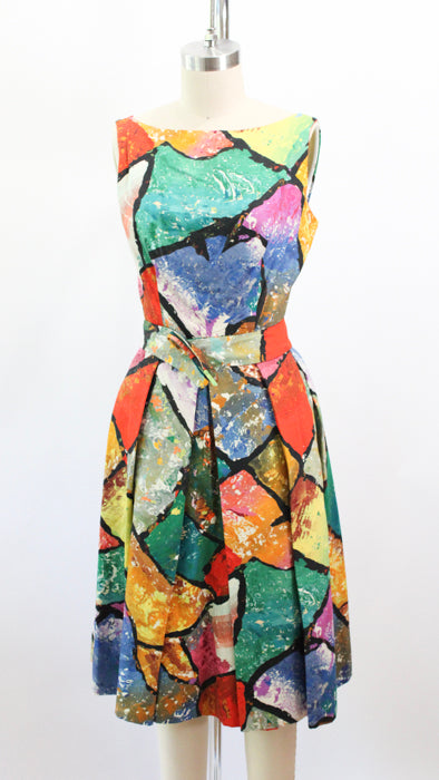 1960s Multicolor Oil-and-Water Printed Sateen Pat Primo Cocktail Dress
