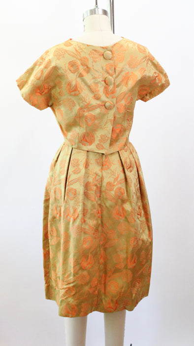1950s Gold Orange Brocade Shell Top Dress Set