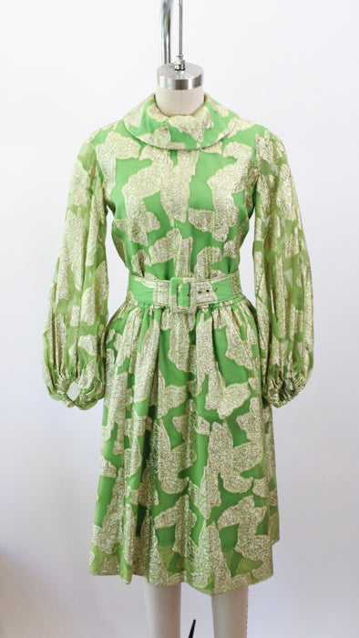 1970s Chartreuse Gold Flocked Sheer Sleeve Cocktail Dress