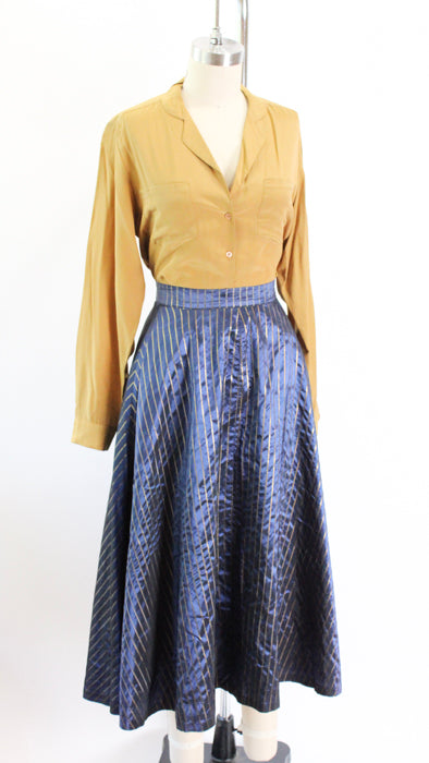 1950s Midnight Blue Gold Stripe Taffeta Full Skirt
