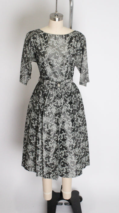 1950s Silver Filigree Print Taffeta Rhinestone Bow Party Dress