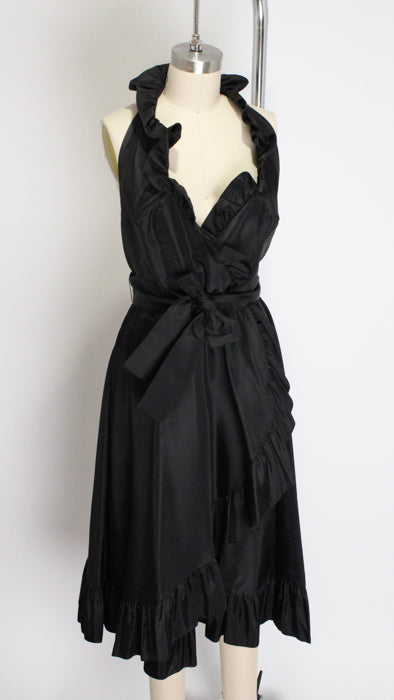 1970s Black Taffeta Ruffled Wrap Halter Dress