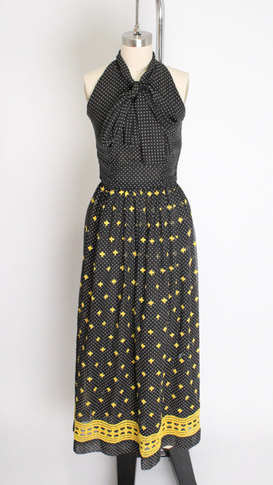 1970s Black White Yellow Swiss Dot Cotton Gauze Backless Maxi Dress