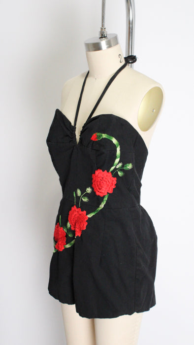 1950s Black Cotton Rose Embroidered ‘Sin Suit’ Vest 2-Piece Set