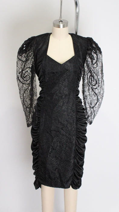 1980s Black Lace Ruched Puff Sleeve Knockout Dress