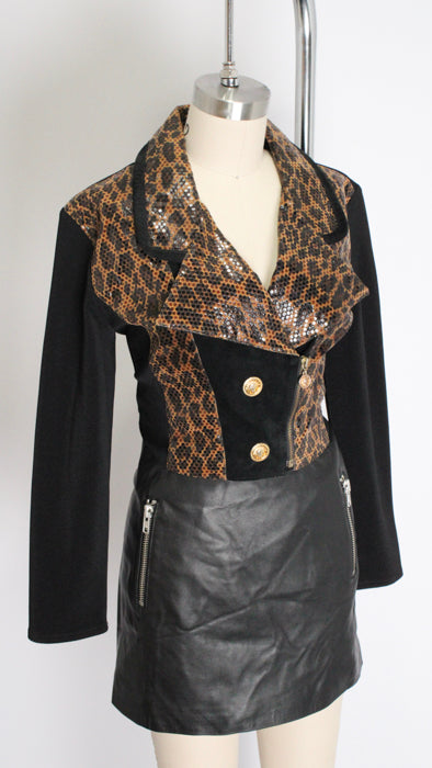 1990s Black Leopard Versace-Inspired Stretch Crop Jacket
