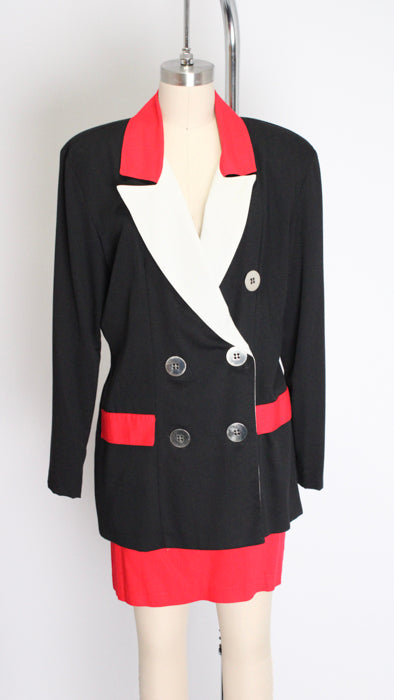 1980s Black White Red Colorblock Rayon 2-Piece Suit