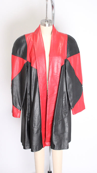 1980s Red Black Leather Open Duster