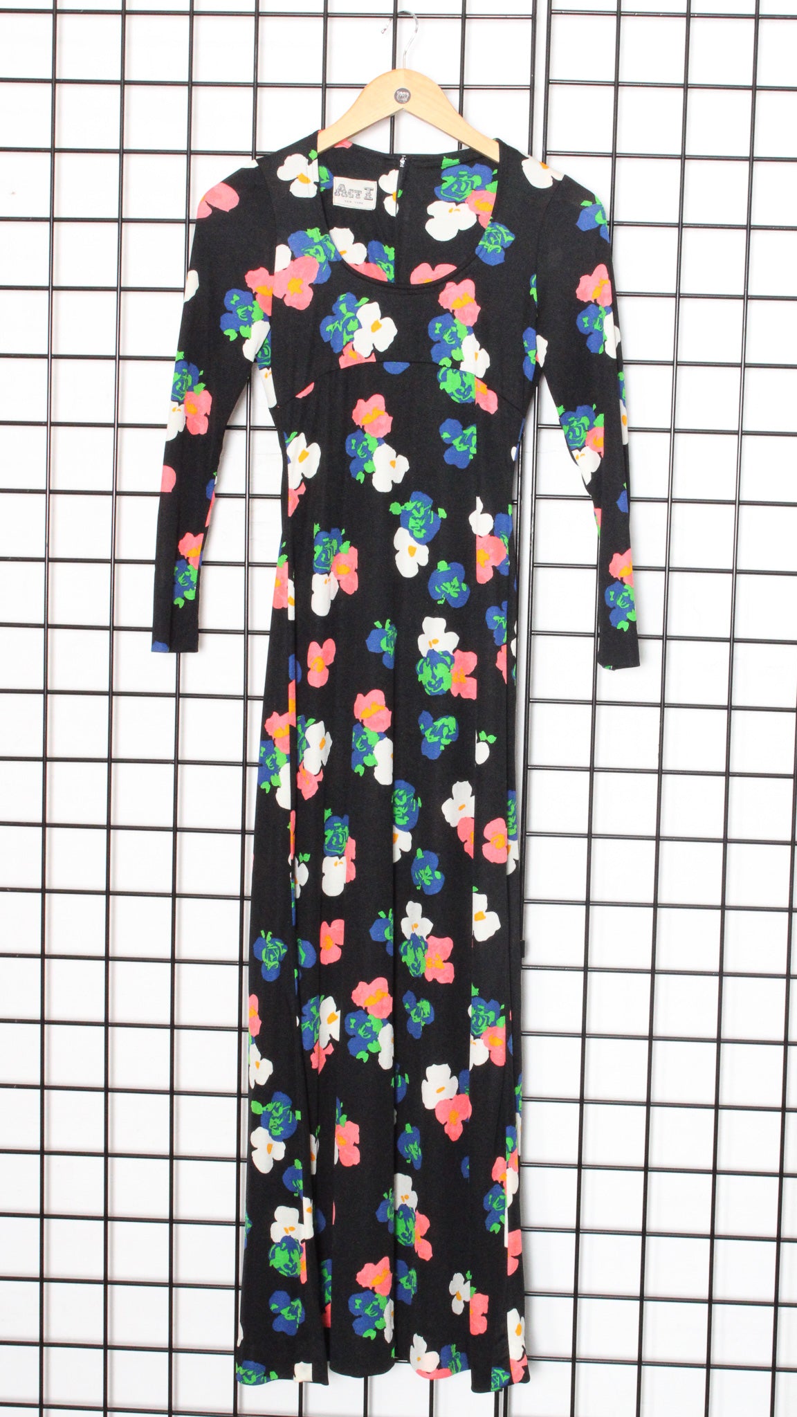 1970s Black Floral Print Polyester Maxi Dress