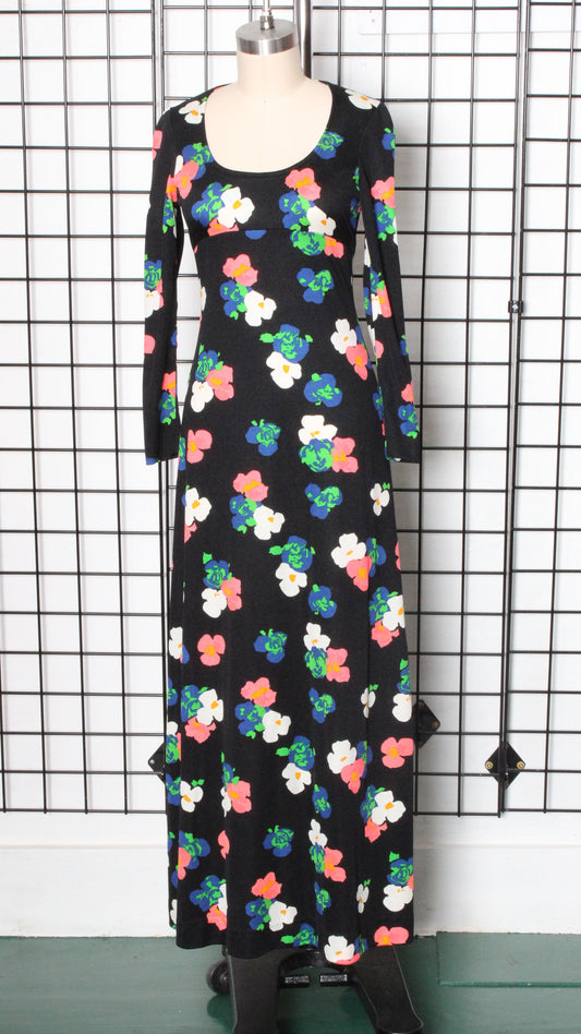 1970s Black Floral Print Polyester Maxi Dress