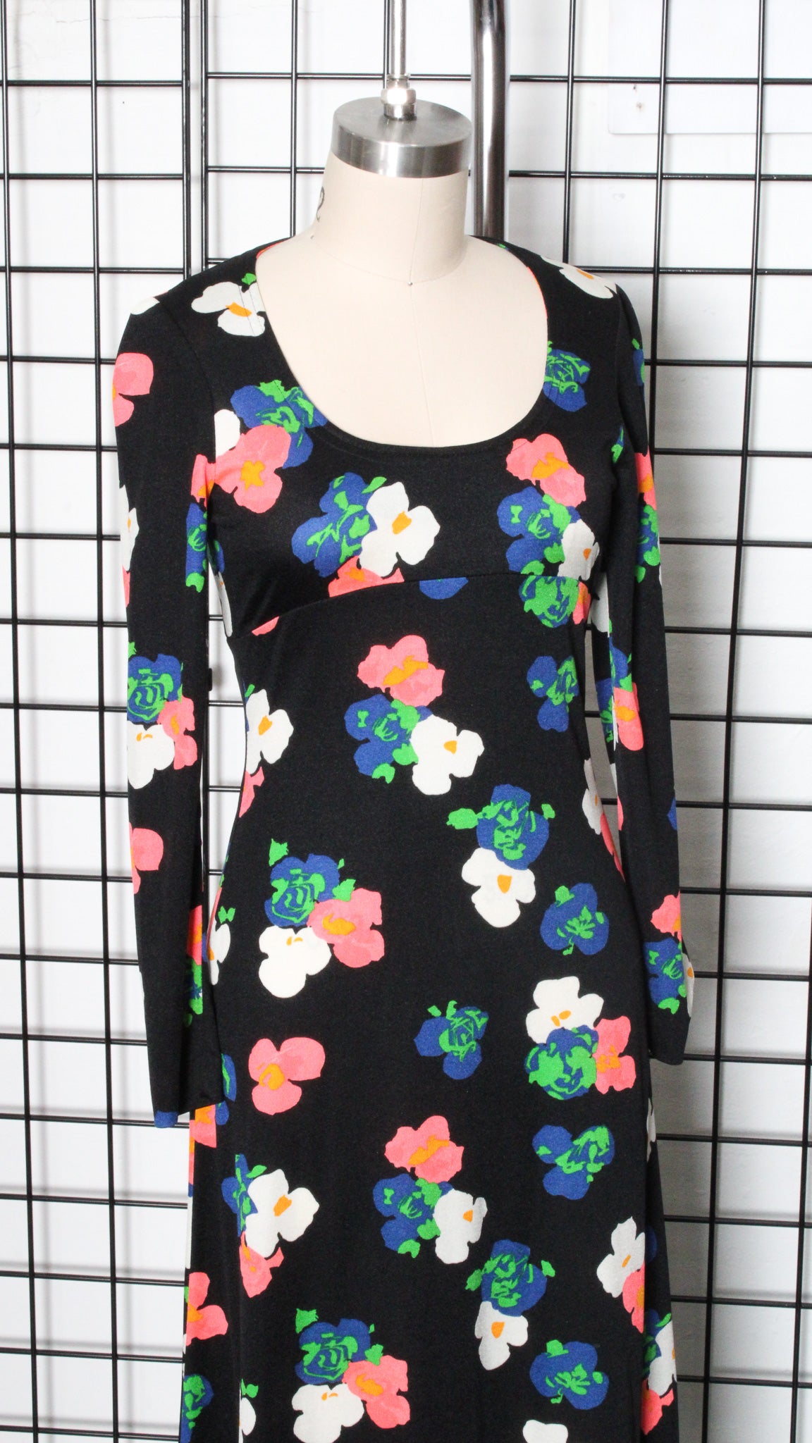 1970s Black Floral Print Polyester Maxi Dress