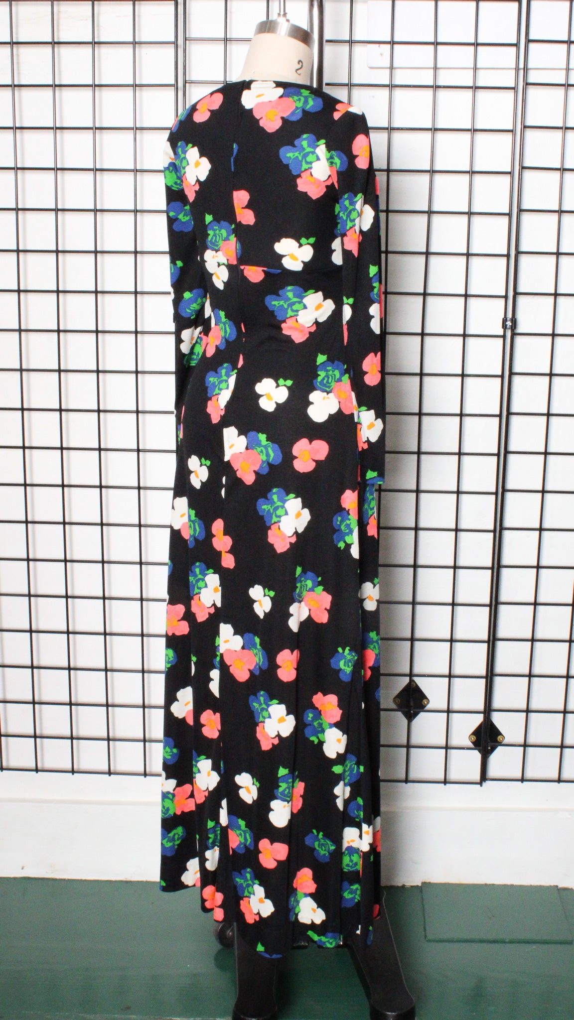 1970s Black Floral Print Polyester Maxi Dress