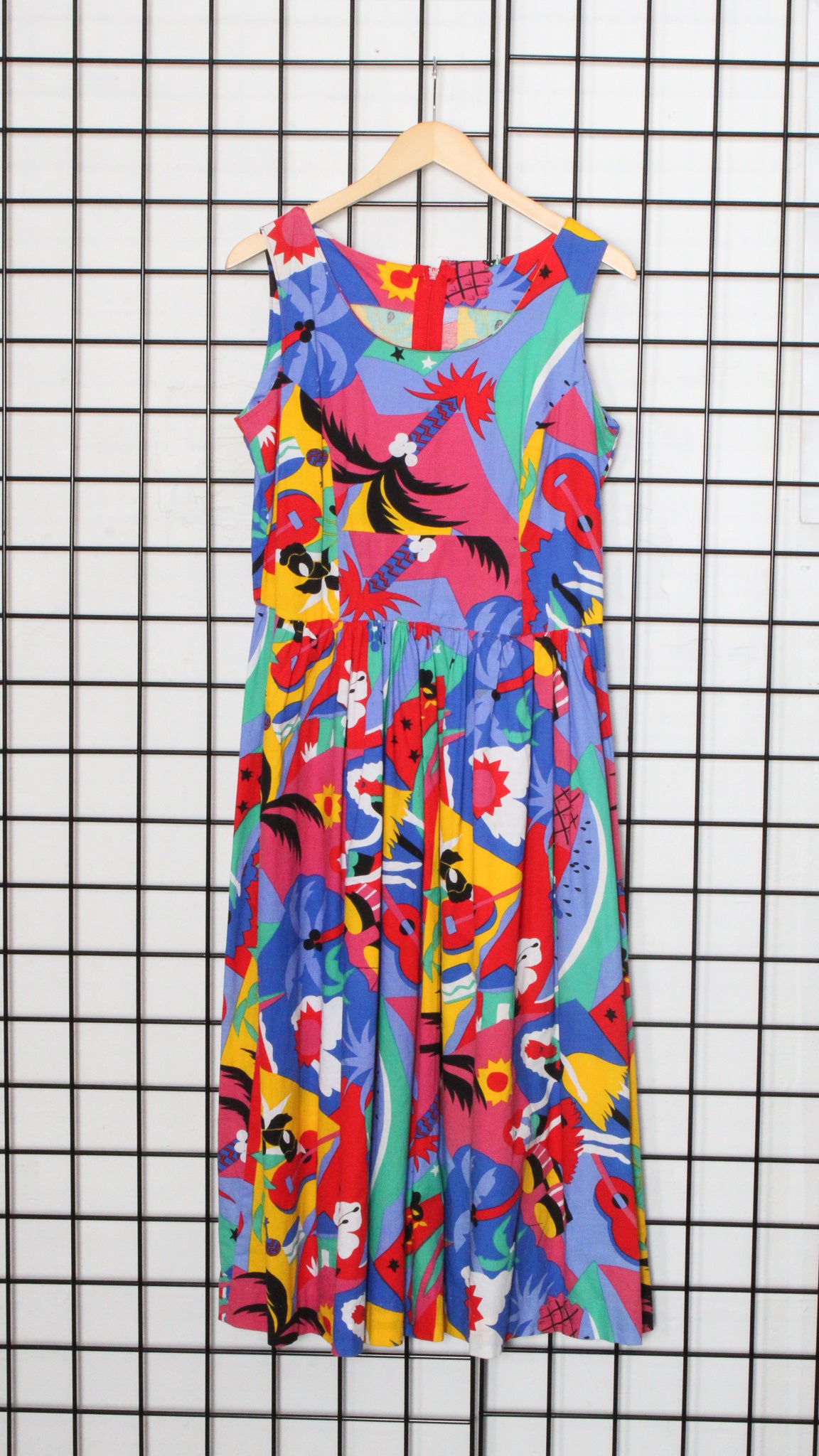 1980s Multi Brights Hawaiian Tropical Motif Handmade Dress