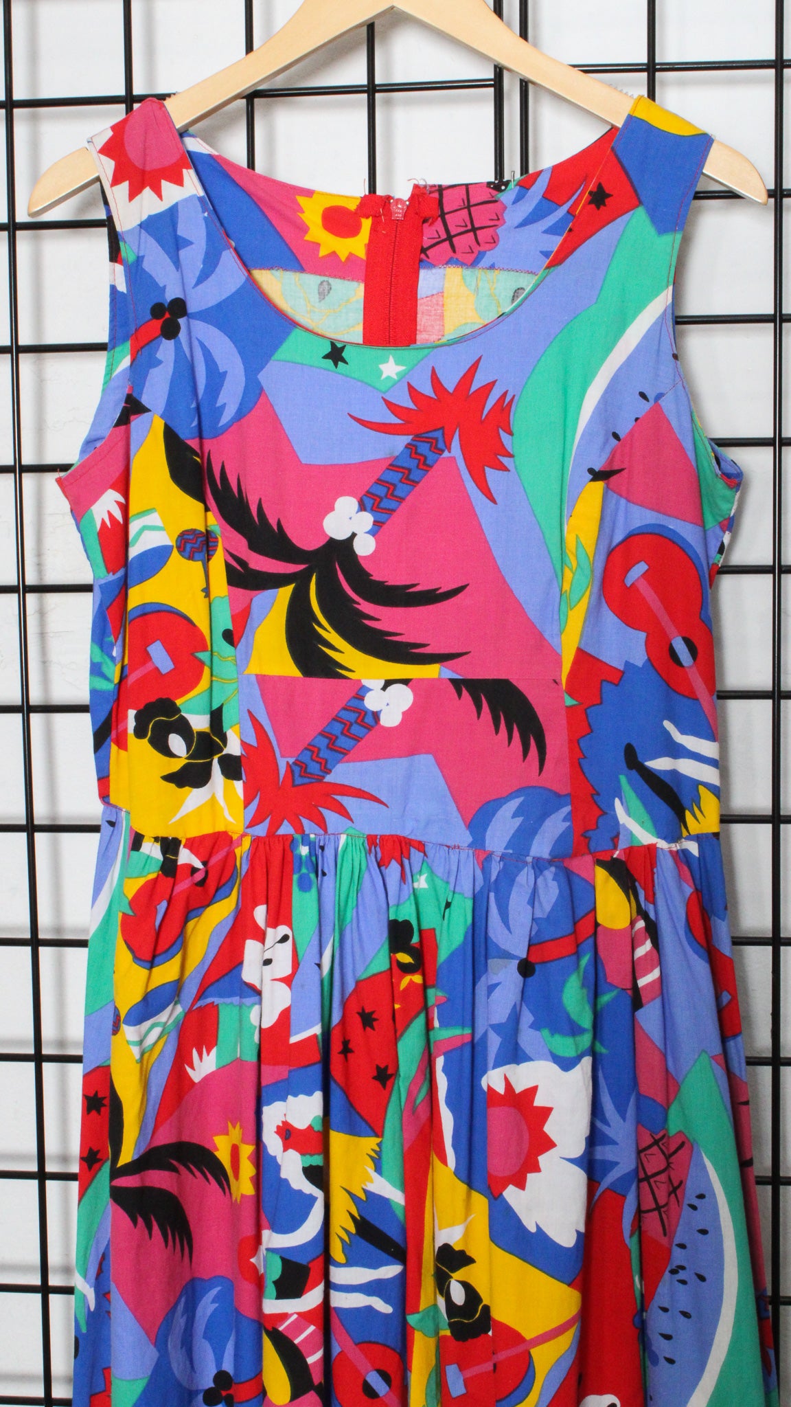 1980s Multi Brights Hawaiian Tropical Motif Handmade Dress