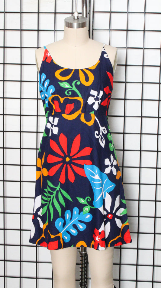 1970s Navy Multicolor Hawaiian Floral Tie Back Dress