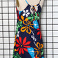 1970s Navy Multicolor Hawaiian Floral Tie Back Dress