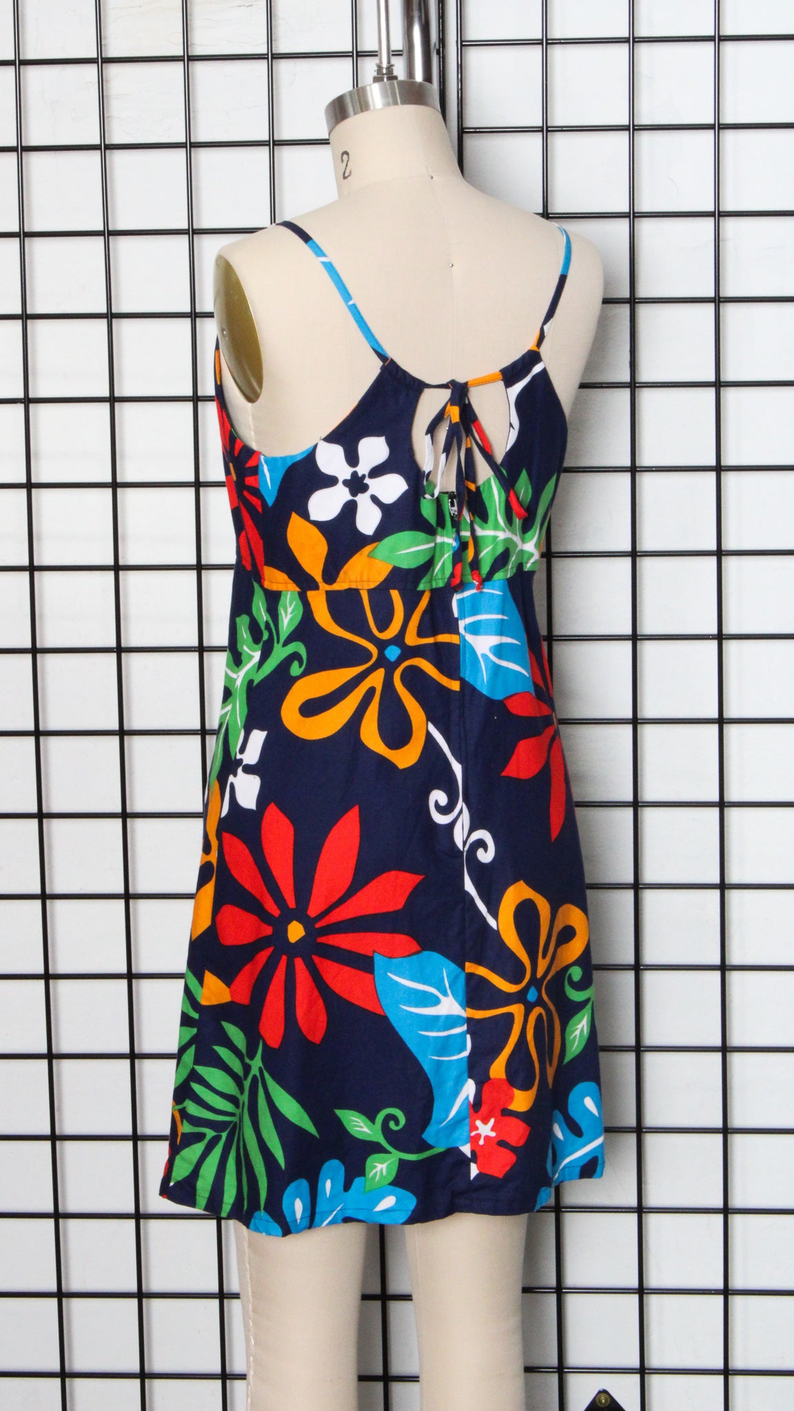 1970s Navy Multicolor Hawaiian Floral Tie Back Dress