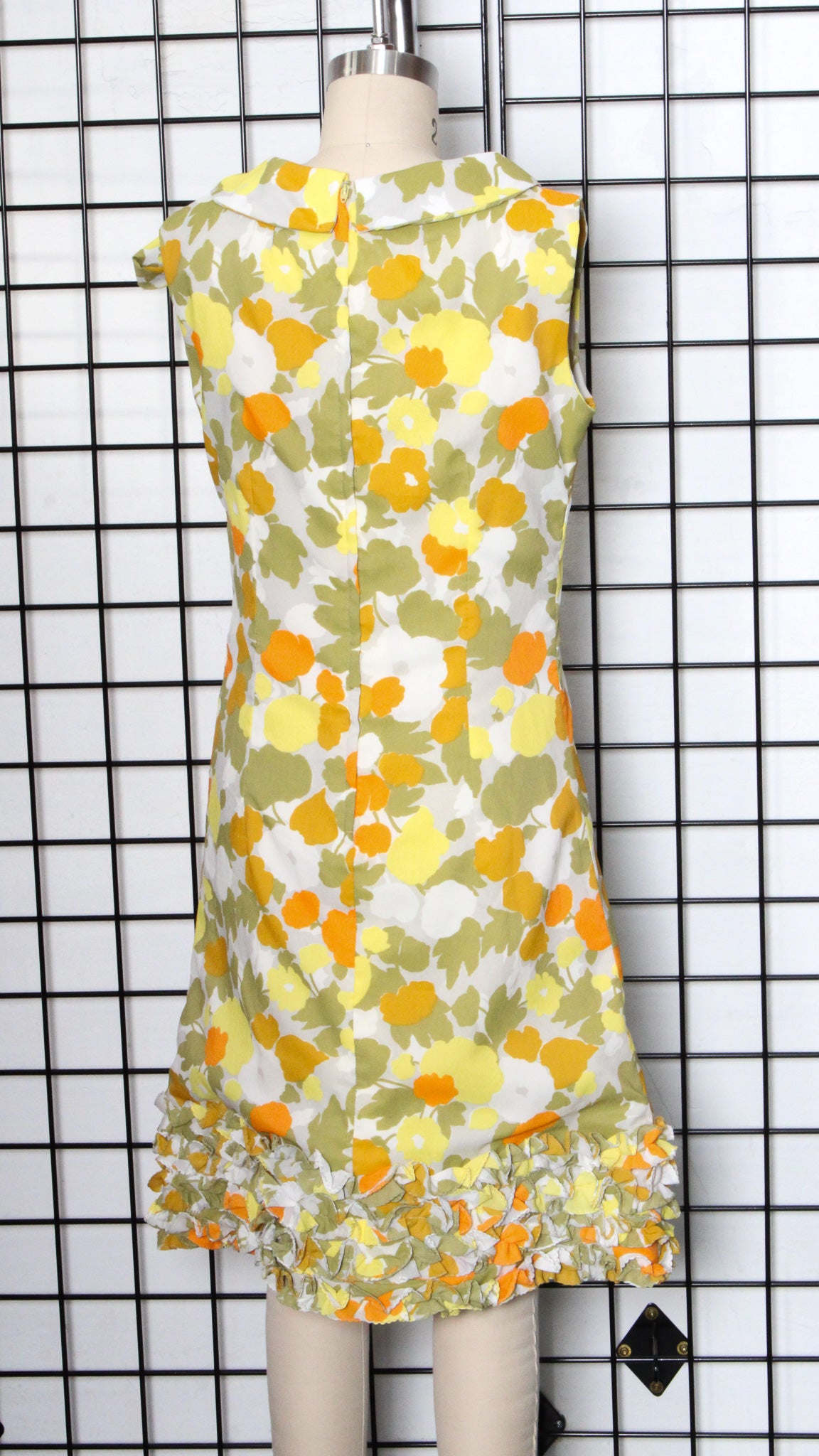 1970s Orange Olive Grey Floral Ruffle Hem Scarf Collar Shift Dress