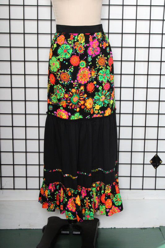 1970s Black Neon Floral Barkcloth Mermaid Skirt