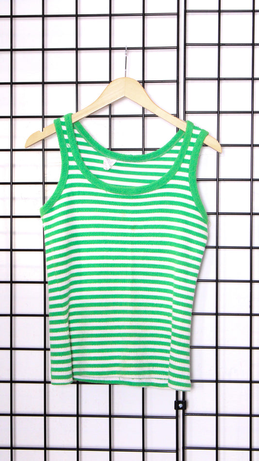 1960s Green White Cotton Terry Striped Ringer Tank